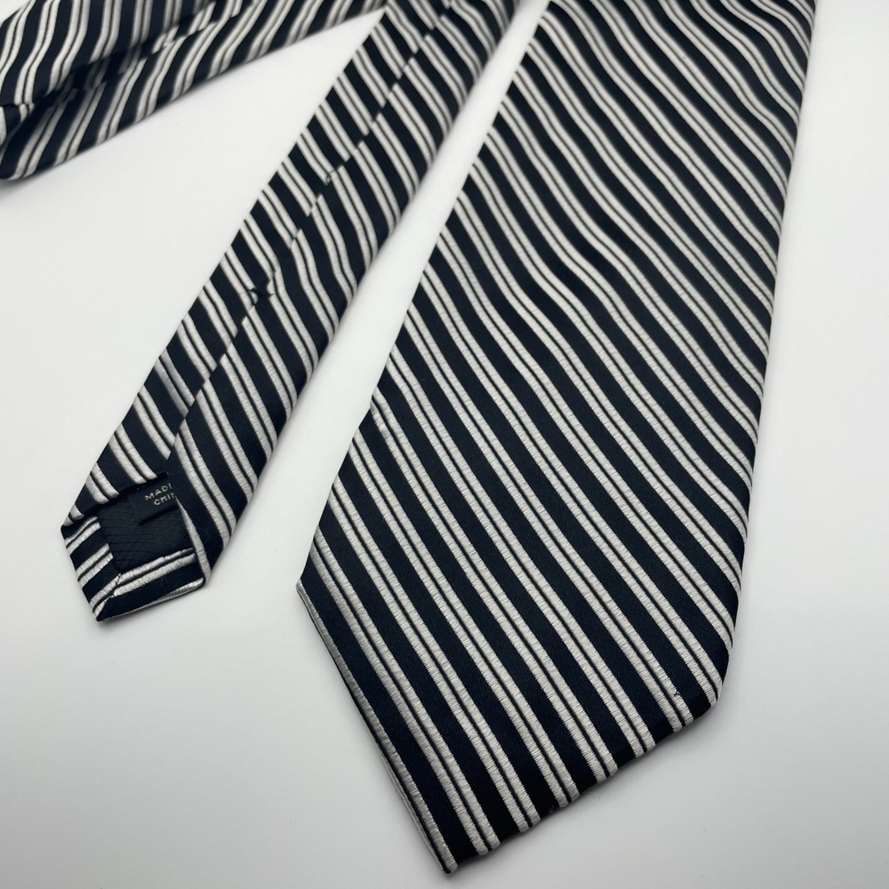 Nicole Miller New York Men's Black White Stripe Silk Necktie